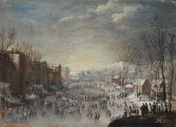 Eislaufvergnugen Vor Den Mauern Einer Stadt Oil Painting by Thomas Heeremans