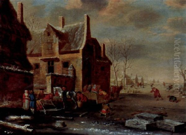 Weiler An Einem Zugefrorenen Kanal Oil Painting by Thomas Heeremans
