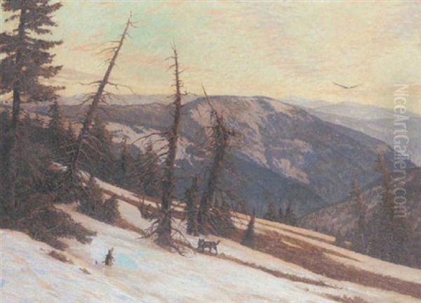 A Wolf In An Extensive Alpine Winter Landscape Oil Painting by Julius Heffner