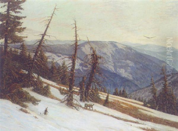 A Wolf In A Winter Landscape Oil Painting by Julius Heffner