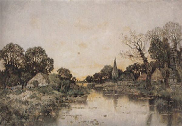 Hollandisches Kirchdorf Im Abendlichen Gegenlicht Mit Kleinem Fluslauf Und Nachen Oil Painting by Karl Heffner