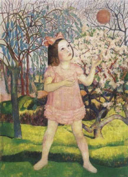 Labdazo Kislany (girl With A Ball) Oil Painting by Endre Hegedues