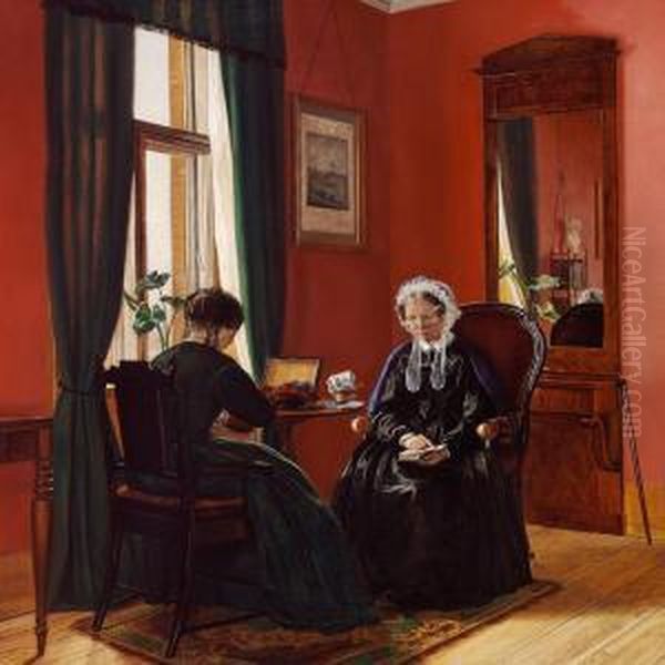 Mother And Daughter In The Living Room Oil Painting by Vilhelmine Maria Bang