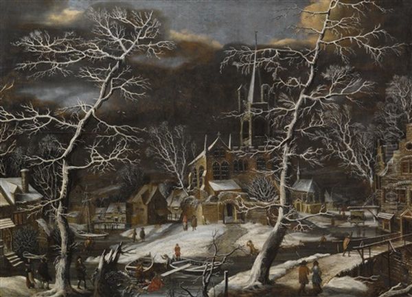 A Winter Landscape Oil Painting by Daniel van Heil