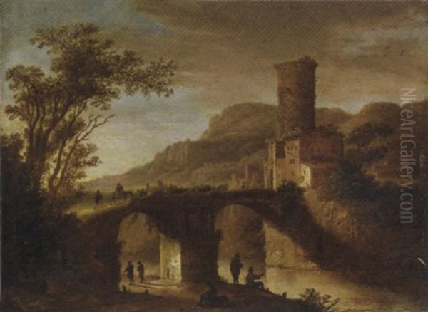 An Italianate Landscape With Fishermen By A River And Peasants Crossing A Bridge Leading To A Town Oil Painting by Daniel van Heil