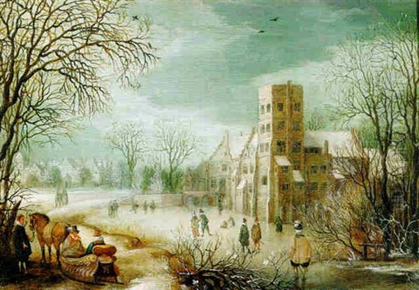 A Winter Landscape With Skaters And A Horse-drawn Sleigh Near A Castle Oil Painting by Daniel van Heil