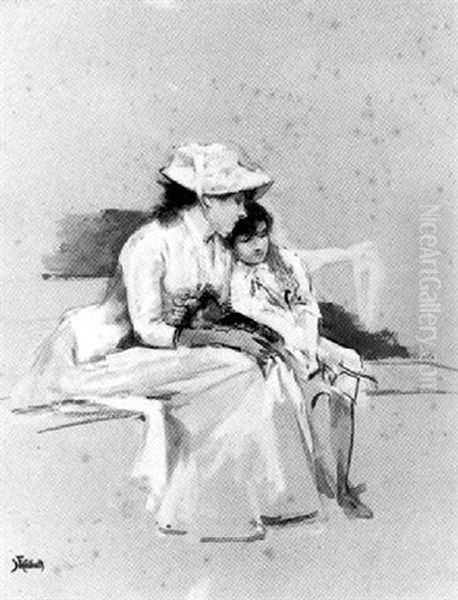 Femme Et Enfant Assis Sur Un Banc Oil Painting by Ferdinand Heilbuth