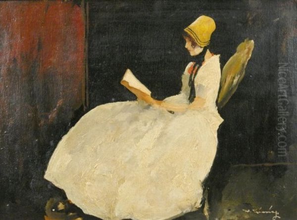 Die Musestunde. Eine Im Sessel Sitzende Dame In Weisem Kleid, Sich Der Lekture Hingebend Oil Painting by Walter Heimig