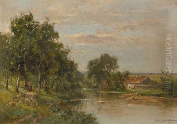 Schafer Am Flussufer Oil Painting by Karl Adam Heinisch