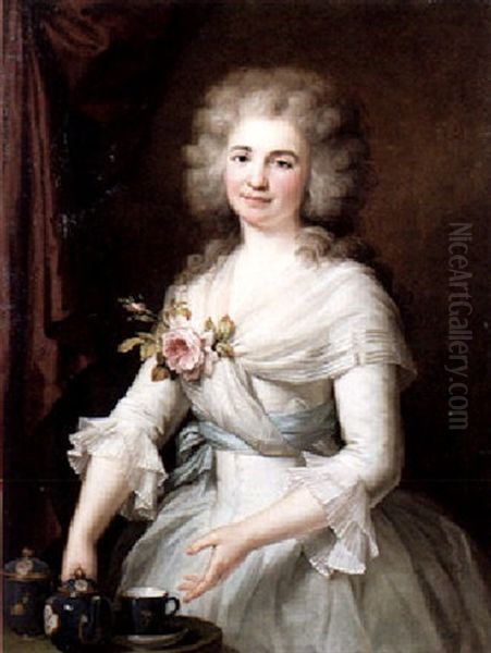 Portrait Of Madeleine Dugas, Later Madame Fructus, Standing By A Table Serving Tea Oil Painting by Johann Ernst Heinsius