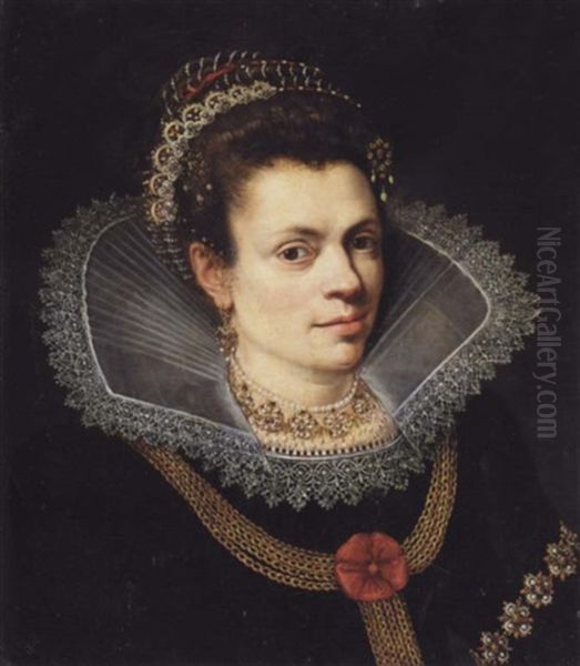 A Portrait Of A Lady Wearing A Black Dress, A White Ruff, A Pearl Necklace And A Diadem In Her Hair Oil Painting by Joseph Heintz the Elder