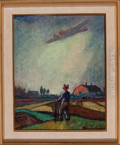 Farmer Watching A Crop Duster Oil Painting by Knute Heldner