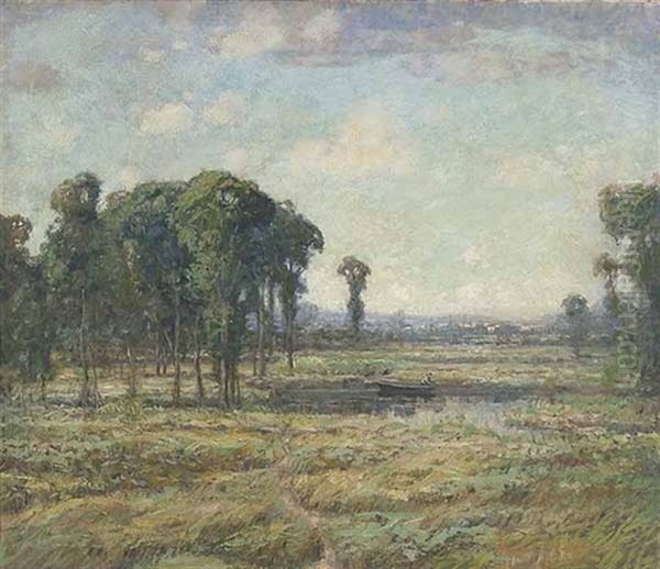 Impressionist Landscape With A Man In Boat Oil Painting by Knute Heldner