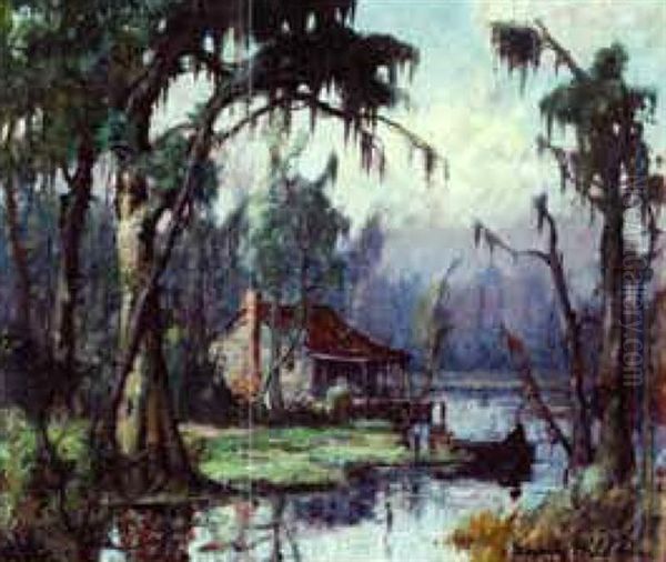 Louisiana Bayou With Cabin And Fisherman In A Pirogue Oil Painting by Knute Heldner