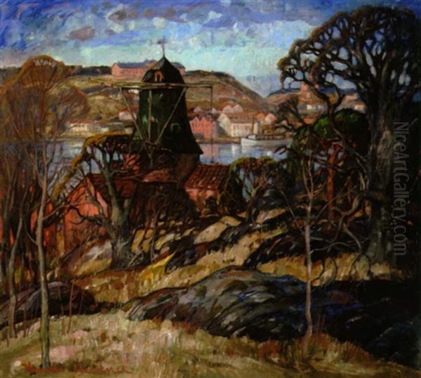 A View Of A Swedish Town Along A Riverbank Oil Painting by Knute Heldner