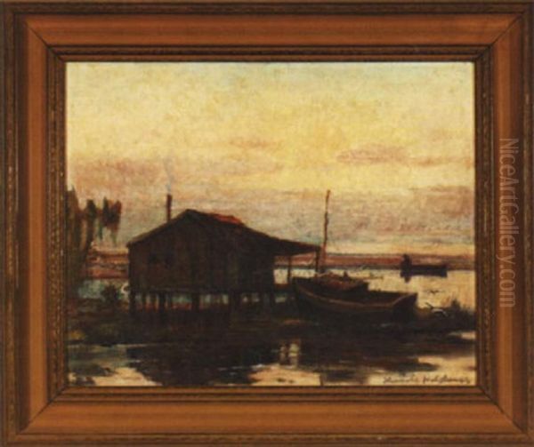 Bayou Cabin With Shrimp Boat And Fisherman Oil Painting by Knute Heldner