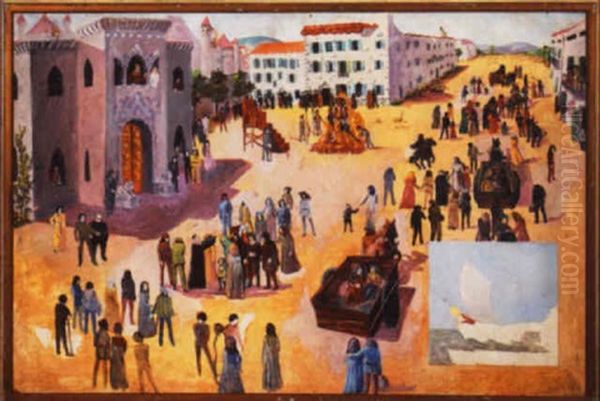 Epic Allegorical Tableaux With Burning Heretics, Religious Rites, And Town Folk In A Woebegone Procession, Overseen By Royalty Oil Painting by Knute Heldner