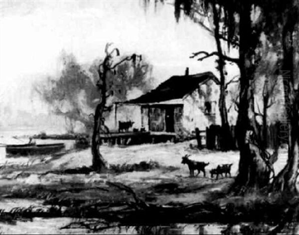 Cajun Shack With A Bull On The Porch And Goats Grazing, And A Fisherman Rowing Home Oil Painting by Knute Heldner