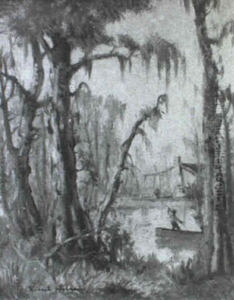 Fisherman In Bayou Oil Painting by Knute Heldner