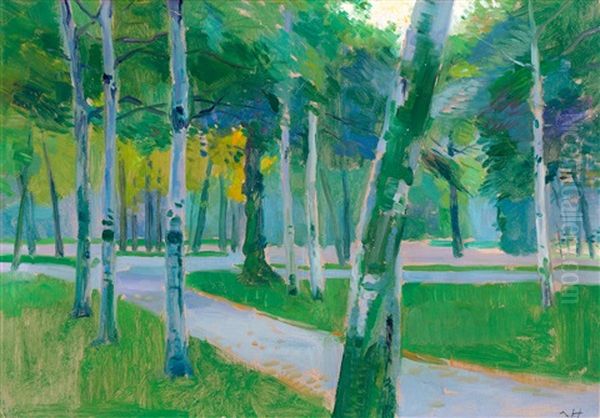 Vondelpark - Ingang Van Eeghenstraat / Vondelpark In Amsterdam Oil Painting by Johan Van Hell