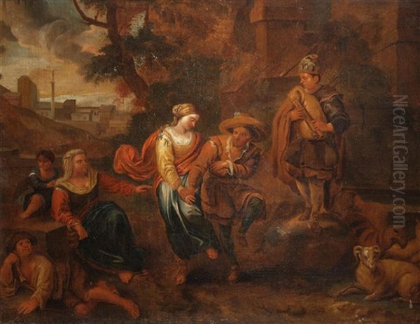Figures Dancing And Merrymaking Before A Town Oil Painting by Dirk Theodoor Helmbreker