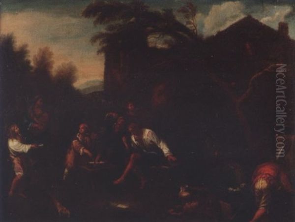 Peasants Feasting Outside A Tavern With A Beggar Woman, Her Baby And Son Oil Painting by Dirk Helmbreker