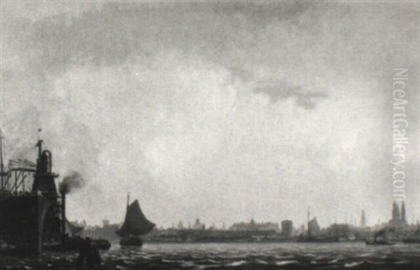 Shipping On The Ij. With The Skyline Of Amsterdam Beyond Oil Painting by Albert Hemelman
