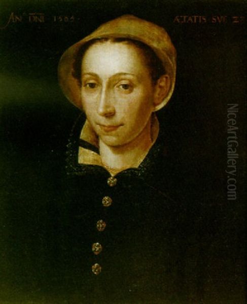 A Portrait Of A Lady, Wearing Black Costume With White Headdress And Gold Necklace Oil Painting by Catharina van (Sanders) Hemessen