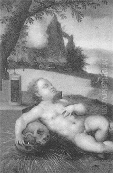Schlafender Putto In Einer Landschaft, Allegorie Der Verganglichkeit Oil Painting by Jan Sanders (Jan van) Hemessen