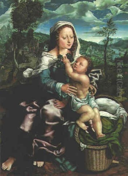 The Virgin And Child With An Extensive River Landscape Beyond Oil Painting by Jan Sanders (Jan van) Hemessen