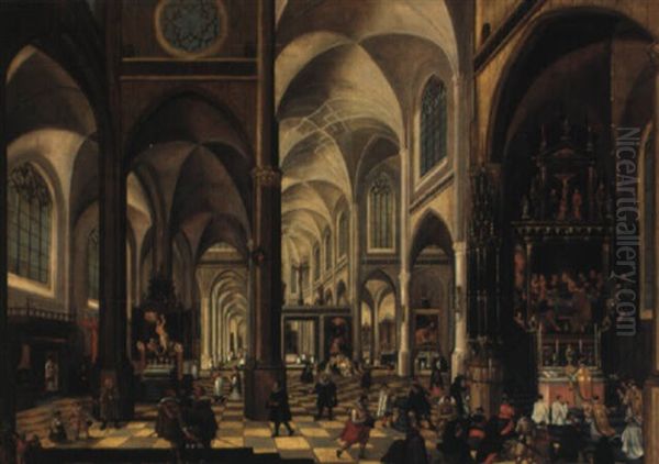 Figures In A Church Interior Oil Painting by Jan van Hemessen