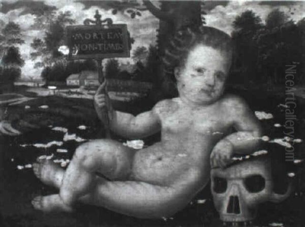 Vanitas: Infant Leaning On A Skull In A Wooded River Landscape Oil Painting by Jan Sanders (Jan van) Hemessen