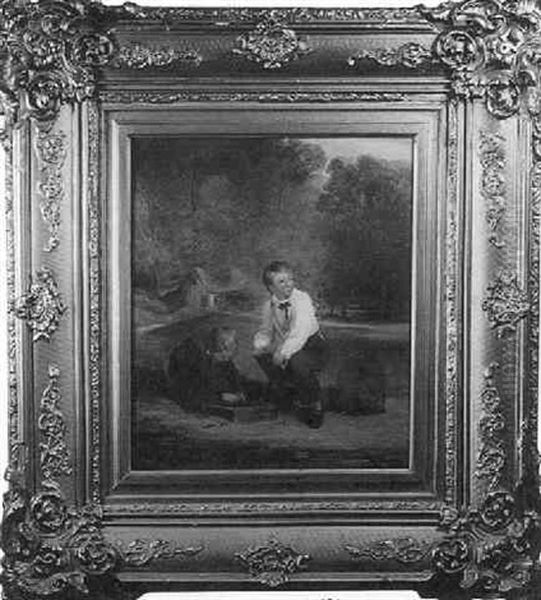 Two Boys Repairing A Bird Cage Oil Painting by William Hemsley
