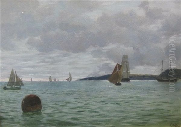 Sailing Vessels Offshore In A Bay Oil Painting by Charles Napier Hemy