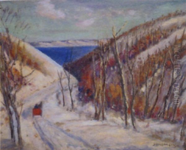 Untitled - Qu'appelle Winter And The Red Sleigh Oil Painting by James Henderson