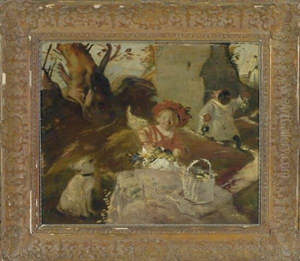 Putto Beim Blumenpflucken Mit Hund Und Nachtwachter In Felsiger Landschaft Oil Painting by Adolf Hengeler