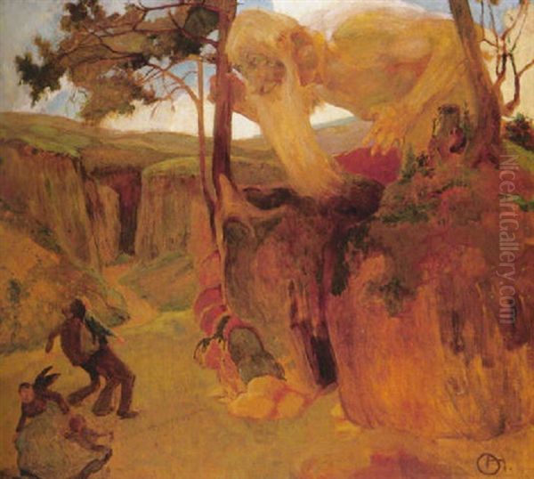 Rubezahl Schaut Neugierig Auf Erschrockene Bauern Im Riesengebirge Oil Painting by Adolf Hengeler