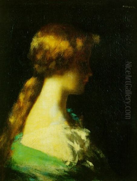 Jeune Femme De Profil A Droite Au Chale Bleu Oil Painting by Jean Jacques Henner