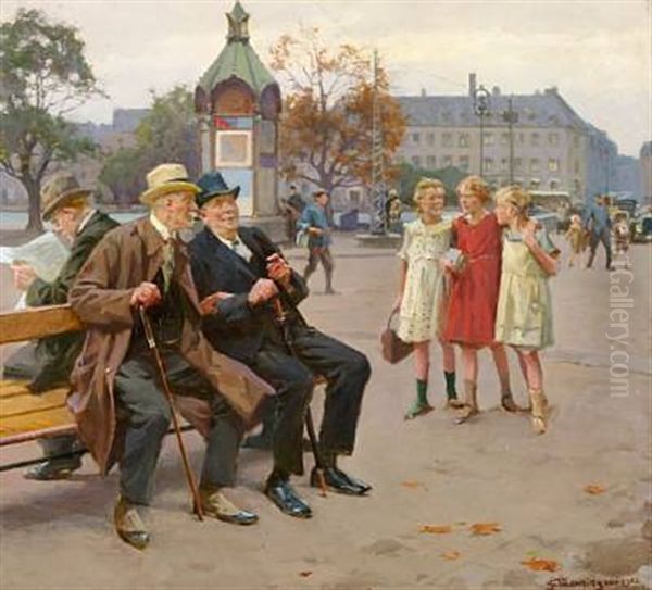 Gamle Skolekammerater (old Schoolmates Sitting On A Bench At Lille Triangel In Copenhagen) Oil Painting by Erik Ludwig Henningsen