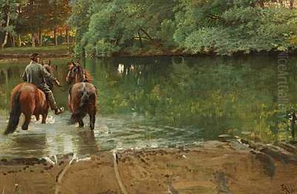 Skovparti Fra Gisselfeld Med Ung Mand, Der Traekker To Heste Gennem Et Vandlob Oil Painting by Frants Peter Didrik Henningsen