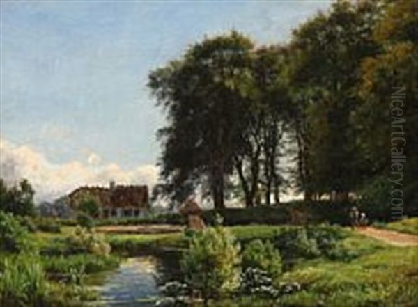 A Couple Is Walking By A Forest Lake Oil Painting by Carsten Henrichsen