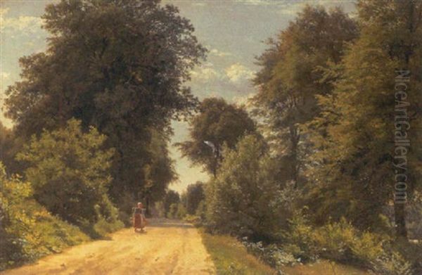 Sommerstemning Med Malkepige Pa Grusvej, Hellebaek Oil Painting by Carsten Henrichsen
