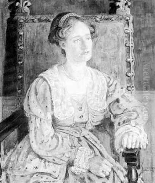 Portraet Af Kvinde I Lysebla Kjole Siddende I En Hojrygget Stol Oil Painting by Marie Henriques