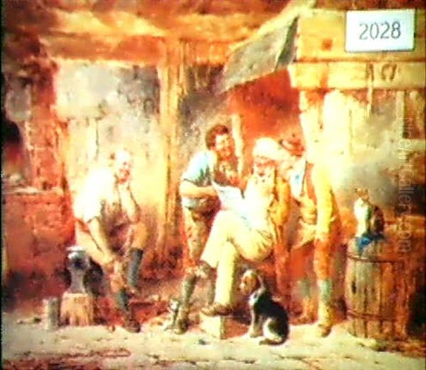 Four Men Reading A Newspaper Oil Painting by George Hepper