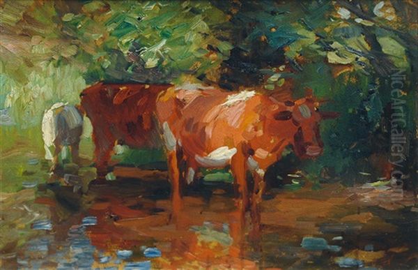 Cows At The Lake Oil Painting by Thomas Ludwig Herbst