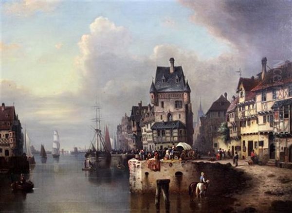 Continental Harbour Scene Oil Painting by Ludwig Hermann