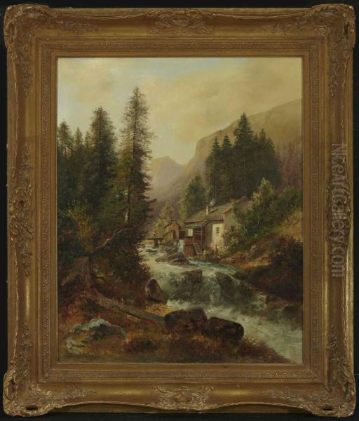 Muhle Am Gebirgsbach. Oil Painting by Gustav Barbarini