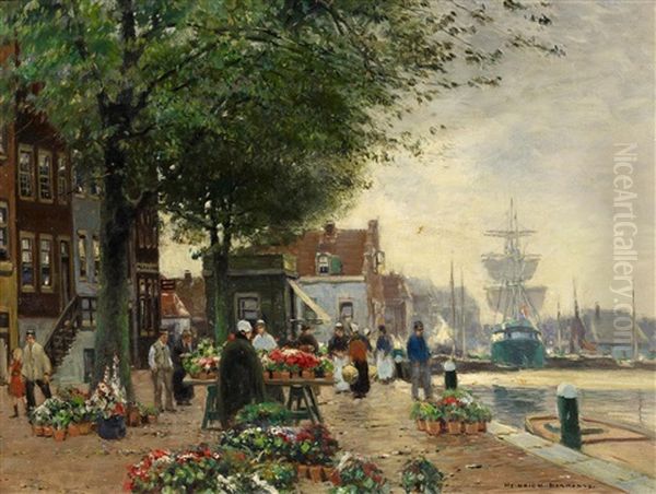 Blumenmarkt In Einer Hollandischen Stadt Oil Painting by Heinrich Hermanns