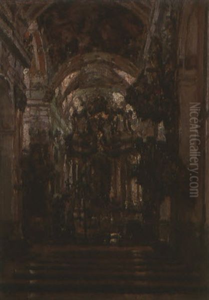 A Church Interior Oil Painting by Heinrich Hermanns