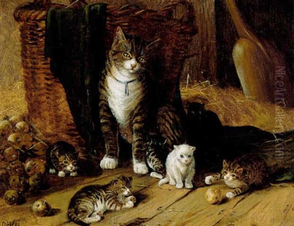 Kattemor Med Sine Killinger Oil Painting by Olaf August Hermansen
